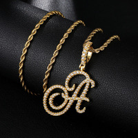 Collier avec pendentif en lettres cursives serties de pierres, alphabet en zircon cubique, couleur or ou argent, charmes hip-hop, bijoux