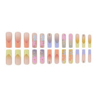 Uñas postizas de ataúd con diseño floral arcoíris pastel mate, estilo francés con diamantes de imitación, al por mayor para salones de belleza.