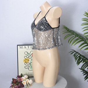Spot New <b>Sequined</b> See-Through V-Neck Spaghetti Straps Sexy <b>Top</b> for Women Fashion - Product Image 5