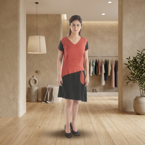 Top vente à la mode élégante robe au genou avec demi-manches et bas asymétrique en couleur bicolore pour femmes - Product Image 3