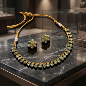 Indian Traditional Kundan Meenakari Copper Base Necklace <b>Set</b> Gold Plated Green Enamel Teardrop Choker with Floral Stud Earrings - Product Image 3
