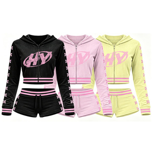 HuiYu Custom Set for <strong>Women</strong> Streetwear Zip up Hoodie Side Stripe Shorts Casual Two Piece Set <strong>Women</strong> <strong>Velour</strong> Sportswear <strong>Tracksuit</strong> - Product Image 1