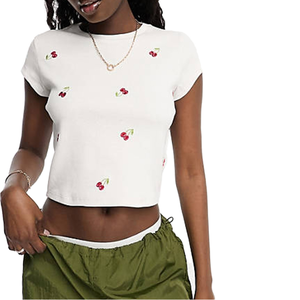 Blusa Corta Bordada para Mujer, Cuello Redondo, Manga Corta, Primavera Verano, Linda, Tejida, Transpirable, de Algodón, Personalizada - Product Image 1