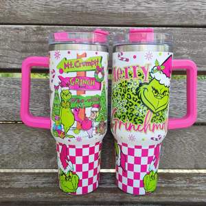 Vasos Térmicos de Acero Inoxidable de Doble Pared con Aislamiento al Vacío de 40oz, 6 Colores, Diseño <span class=keywords><strong>Grinch</strong></span> de Feliz Navidad, Verdes con Asa y Pajita, Taza de Oficina - Product Image 5