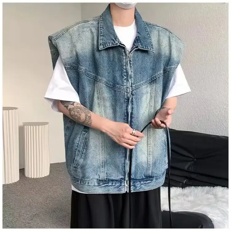 Cổ Điển Rửa Denim Jean Không Tay Áo Khoác Chất Lượng Cao Người Đàn Ông Của Áo Ghi Lê Thời Trang Zip Lên Top Mùa Xuân 2024