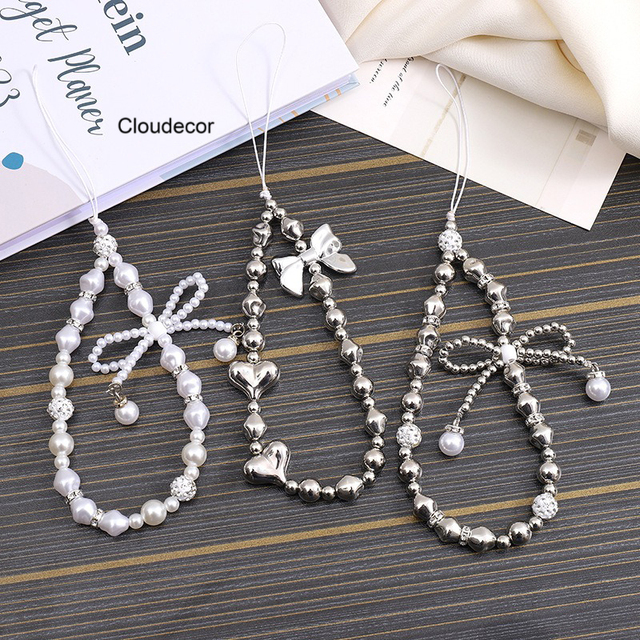 Hot Bow Mobile Phone Case Pendant Keychain Cellphone Hanging Strap Silver Beaded Phone Charm Lanyard Bracelet Women