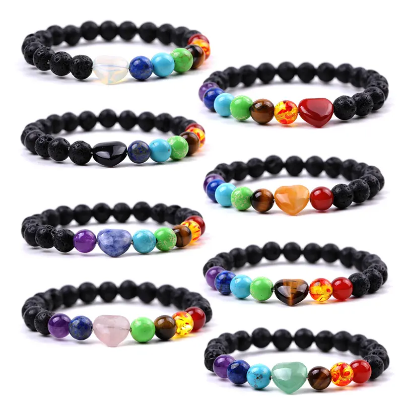 Fait à la main coloré 8mm cristaux d'énergie de guérison pierre Yoga lave diffuseur 7 Chakra prier coeur bracelets porte-bonheur