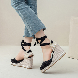 Sandales <span class=keywords><strong>compensées</strong></span> légères antidérapantes pour femmes, style <span class=keywords><strong>espadrilles</strong></span> en jute, <span class=keywords><strong>à</strong></span> lacets et bout fermé - Product Image 2