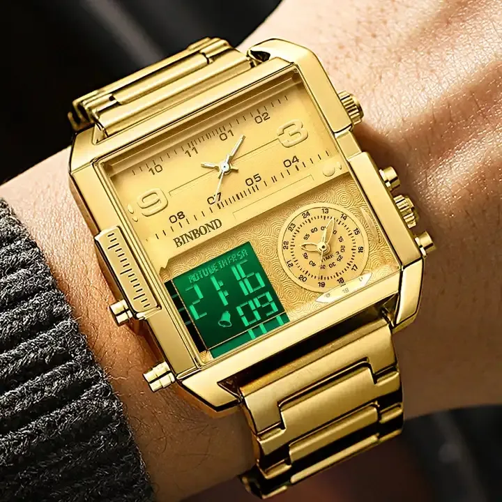 BINBOND jam tangan Digital LED pria, arloji emas tampilan ganda kotak tahan air Quartz panggilan besar
