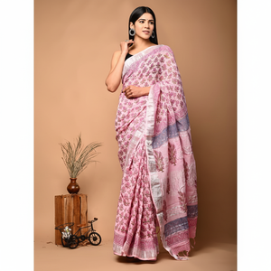 Puro Lino Seda Sarees Tradicional Impresión Digital PALLU con BLUSA - Product Image 1