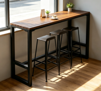 Table console industrielle à hauteur de bar, structure en métal noir, plateau en bois à lattes, pour cave à vin, patio, café, restaurant, maison, balcon