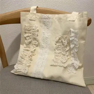 Grote Capaciteit Canvas Tas Vrouw Retro Kant Geplooid Katoen Enkele Schouder Draagtas Voor Meisje