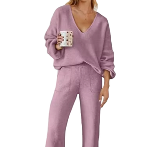 Conjunto de Suéter Tejido con Cuello en V para Mujer, Manga Larga, Color Sólido, Top y Pantalones de Punto para Otoño, Conjunto de 2 Piezas - Product Image 1