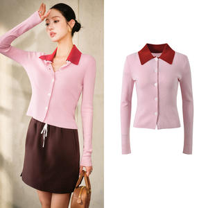 Cárdigan de <span class=keywords><strong>Punto</strong></span> Casual para Mujer, Nuevo de Principios de Otoño, Antibolitas, Color <span class=keywords><strong>Rosa</strong></span> Sólido, con Costuras, Cuello Camisero, Corte Entallado, Manga Larga, con Botones - Product Image 1