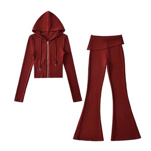 เสื้อผ้าผู้หญิงสำหรับฤดูใบไม้ร่วง - เสื้อมีฮู้ดเข้ารูปเอว & กางเกงขาบานทรงสลิมฟิต ชุดลำลองสปอร์ต 2 ชิ้น แฟชั่น - Product Image 2