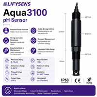 Électrode d'analyseur de pH en ligne Aqua3100, sonde à filetage NPT 3/4, coque en ABS et fibre de verre pour systèmes de purification de l'eau