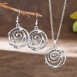 Ensemble collier et boucles d'oreilles géométriques en spirale ethnique, en alliage plaqué argent, bijoux de fête pour femmes - Product Image 2