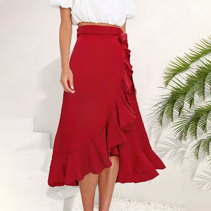Faldas Para Mujer con cinturón y ribete de volantes Para Mujer, falda <span class=keywords><strong>Midi</strong></span> ajustada de Color rojo elegante para Mujer de verano - Product Image 2