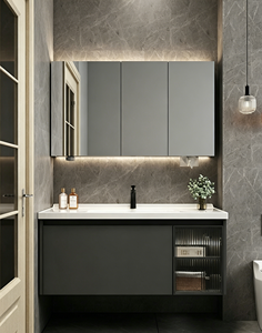 Nuevo Modelo 2026: Mueble de Baño de Pared con un Solo Cajón, Gabinete de Vidrio Gris y Bañera de Cerámica para Proyectos de Hoteles y Apartamentos - Product Image 2