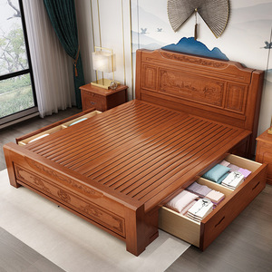 Dazhang Jiaju Chinese Style Solid Wood Double Bed 1.5m 1.8m Hand Carved Storage <b>Headboard</b> Master Bedroom Furniture - Product Image 2
