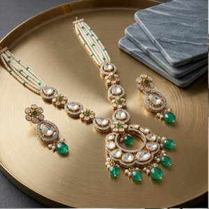 Elegant 925 Silver Pearl <b>Emerald</b> Necklace Set Traditional Ethnic Bridal Jewelry Handmade Designer <b>Pendant</b> - Product Image 1