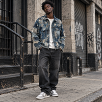 Veste en jean unisexe personnalisée, vente en gros B2B, veste en jean déchirée avec patchwork, streetwear, OEM ODM