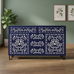 Mueble Moderno Plegable con Incrustaciones de Hueso, Puertas con Diseño Floral Blanco, 4 Cajones y 4 Estantes para Almacenamiento en la Sala de Estar - Product Image 1