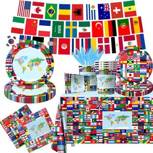 Set di Stoviglie con Bandiere del Mondo, Piatti di <span class=keywords><strong>Carta</strong></span> per Dessert con Bandiere Nazionali, Decorazioni per Feste a Tema Viaggi nel Mondo - Product Image 1