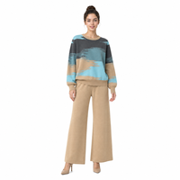 En stock, échantillon rapide, ensemble deux pièces en tricot à blocs de couleur, col rond, manches longues, coupe ample, polyester et coton, pour femme, automne