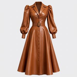 Abrigo de Cuero Marrón Estilo Gabardina con Mangas Abullonadas, Cierre de Botones, Largo Midi, Estilo Vintage - Product Image 1