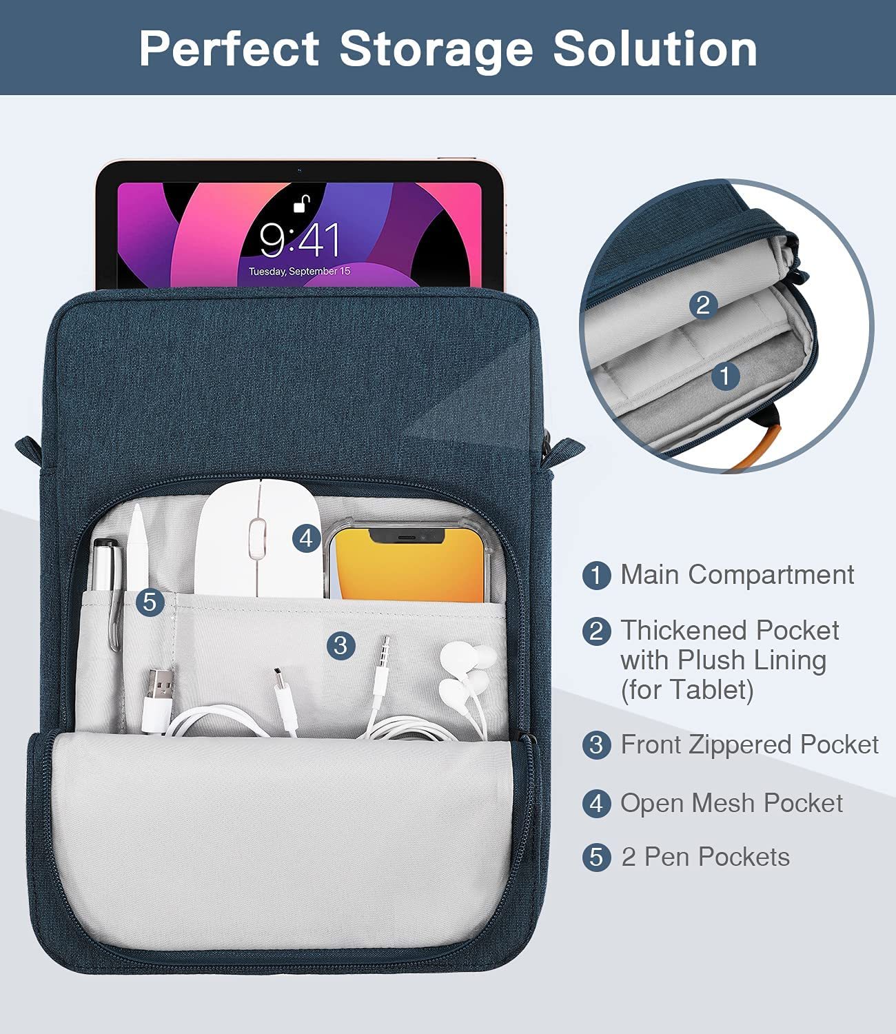 Sac Bandoulière Étui Tablette 11" SIMTOP – Imperméable, Multi-Poches, Bandoulière Amovible – Idéal IPad Pro/Air/Surface