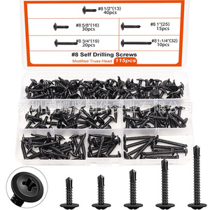 #8 Self Drilling Screws Modified Truss Head 115pcs Box Set Imperial Inch <b>Sheet</b> Metal Fasteners <b>Black</b> Stainless Steel - Product Image 2