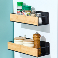 Lot de 4 étagères magnétiques de cuisine, support à épices magnétique à 2 niveaux, support mural en bois d'acacia pour bouteilles d'épices, rangement pour réfrigérateur