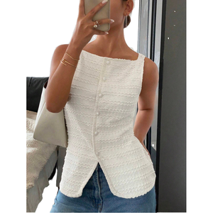 Elegante Blusa de Manga Larga con Botones y Hombros Descubiertos para Mujer, Transpirable, Lisa, 100% Poliéster, Teñido Liso, Estilo Minimalista - Product Image 1