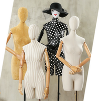 Mannequin femme demi-corps en fibre de verre recouvert de tissu avec base et bras en bois, présentoir de vêtements, buste