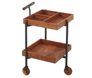 Rustikaler 2-stöckiger Servierwagen aus Akazienholz, klassischer Küchenwagen mit unterteilter Oberseite und Holzgriff - Product Image 3