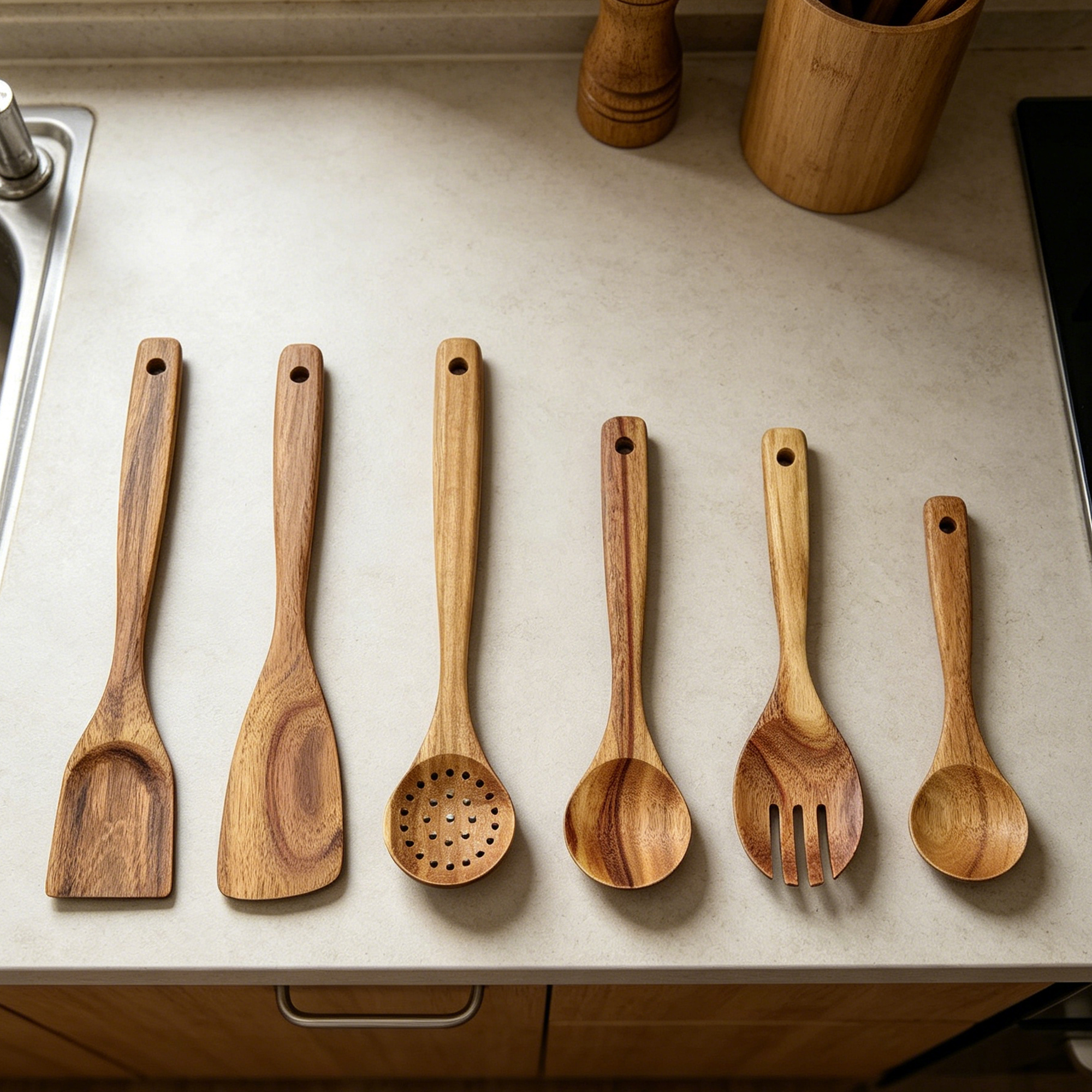 Wholesale Cooking Utensils Durable Eco-friendly Cookware 6 Piece Teak Wooden Kitchen Utensils Set with Holder and Spoon Rest · image 3
