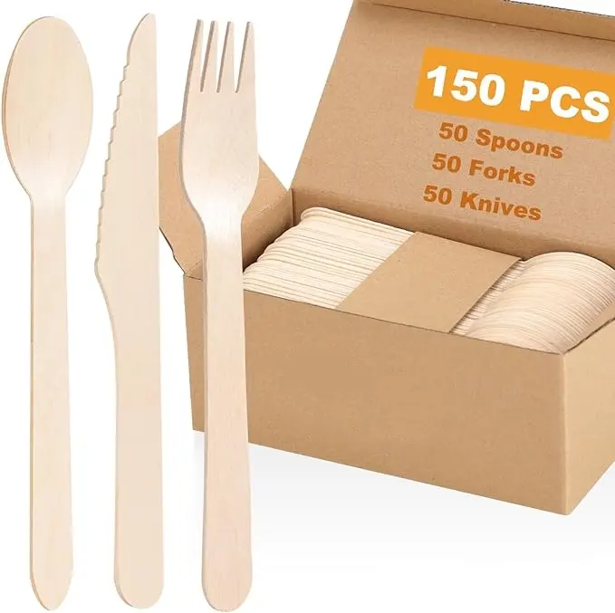 Compostable wooden cutlery set alternative to plastic eco friendly disposable wooden knife wooden fork and spoon