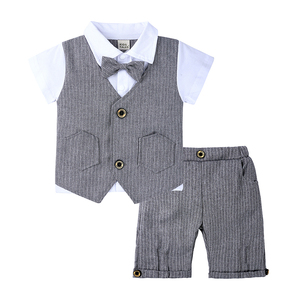 Abbigliamento per bambini all'ingrosso di estate a maniche corte a righe bowtie camicia Falso della maglia abbigliamento per bambini ragazzi set - Product Image 4