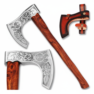 Hache à fendre de qualité industrielle en acier au carbone forgé à la main, robuste |   Couteau de camping d'extérieur à double lame en acier à haute teneur en carbone avec manche en bois - Product Image 1