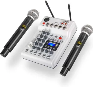 音频DJ控制台混音器声卡，带2通道UHF无线麦克风，用于家庭录音室录音DJ网络现场卡拉OK