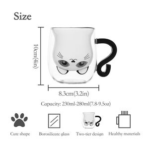 Mug à expresso en verre isolant à double paroi transparent avec dessin de chat noir et sous-verre, idéal pour le café, le thé ou le lait - Product Image 5