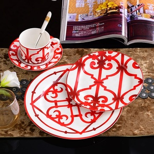 Hot Selling 58 Pcs Nordic Red Railing <b>Patterns</b> <b>Paper</b>-cut Art Dining Room Sets Porcelain Dinnerware Sets - Product Image 5