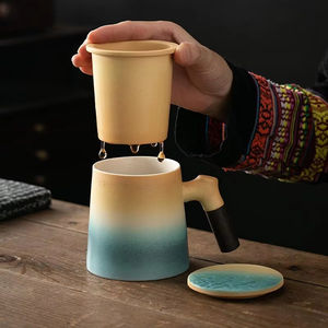 Vente en gros Ensemble de tasses à thé en céramique jaune-vert d'une seule pièce avec poignée en bois Tasse à thé en porcelaine Passoire pour infusion de thé - Product Image 5
