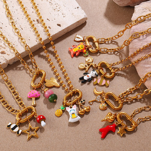 Collar de Acero Inoxidable con Dijes de Dibujos Animados, Colgante de Champiñón y Fresa para Mujer, Joyería de Moda con Múltiples Elementos - Product Image 1