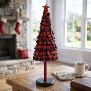 Red Plaid Felt Petal Cone <b>Christmas</b> <b>Tree</b> Two-Tone Red Black Wood Base Lodge Cabin Ski Resort <b>Mini</b> Mantel - Product Image 2