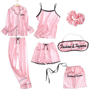 <span class=keywords><strong>Ensemble</strong></span> de pyjama sept pièces en soie simulée à rayures roses pour femmes pour été printemps doux mignon Costume de maison à manches longues par Fury Set - Product Image 4