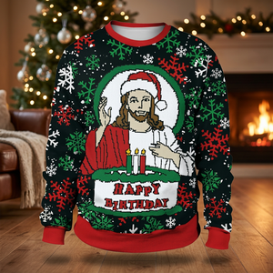 Suéter Feo de Navidad con Estampado de Jesús y Feliz Cumpleaños, Jersey de Punto para Hombre, Cuello Redondo, Corte Regular, Sudadera Informal de Invierno - Product Image 4