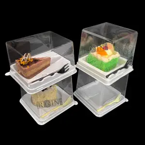 صندوق كعك بلاستيكي 2 3 بوصة للاستعمال مرة واحدة صندوق حلويات الموس صندوق تعبئة كعك شفاف مع شوكة بلاستيك