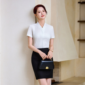 Hotel Front <b>Desk</b> Uniform Women Short Sleeve White Shirt Black Skirt <b>Set</b> Professional Workwear Summer 2025 - Product Image 1